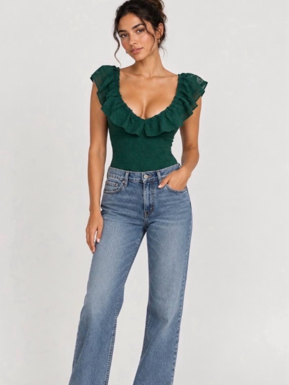 Euro Vaca/Resort Ready Francesca's Collections Deep Green Ruffle Bodysuit